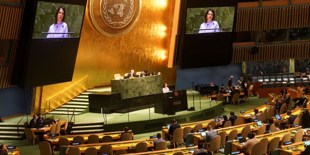 Germany's foreign minister Annalena Baerbock address the United Nations General Assembly before a vote for a U.N. resolution upholding Ukraine's territorial integrity and calling for a cessation of hostilities after Russia's invasion, Thursday Feb. 23, 2023, at U.N. headquarters.