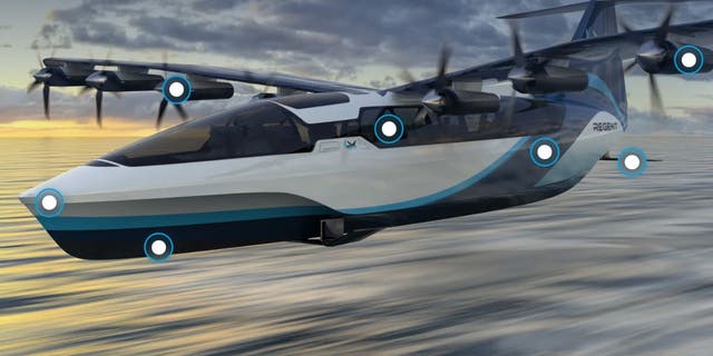 Image of the exterior of the  electric REGENT Seaglider which can hold 12 passengers and flies exclusively over water. 