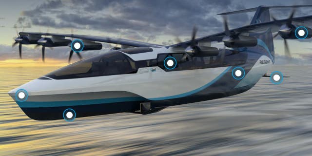 Gambar eksterior REGENT Seaglider elektrik yang dapat menampung 12 penumpang dan terbang secara eksklusif di atas air.