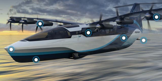 Image of the exterior of the  electric REGENT Seaglider which can hold 12 passengers and flies exclusively over water. 