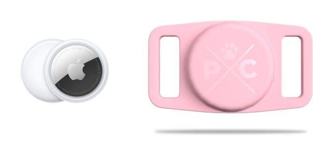 Stock photo of the Apple AirTag and Pup Control tracking device used to locate lost pets.