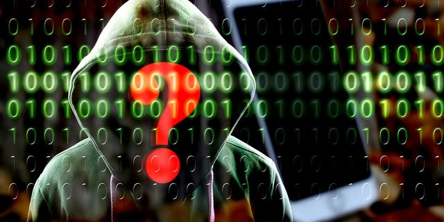 Image of hacker with binary code and question mark.