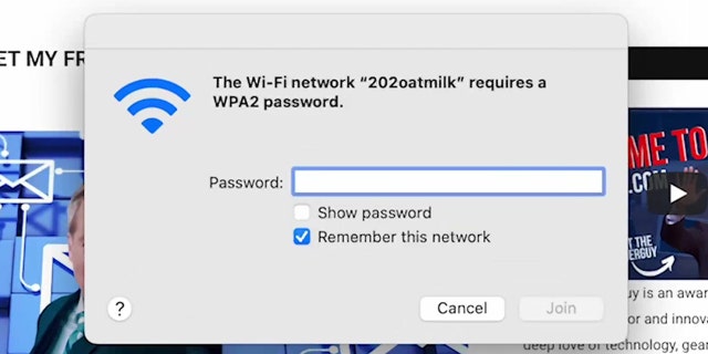 Example of signing in to a secure Wi-Fi network with a password.