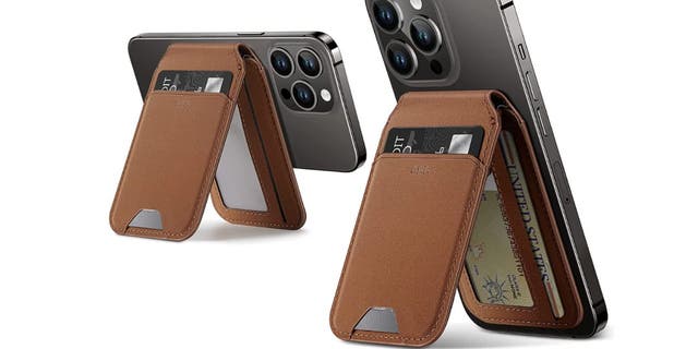 Example of a leather wallet holding up an iPhone.