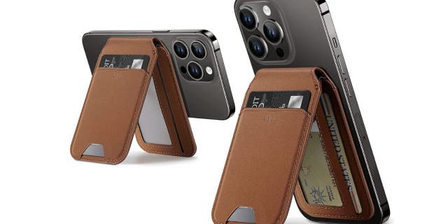 Examples of the leather wallet standing up an iPhone.