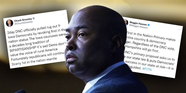 Democratic National Committee Chair Jaime Harrison, along with screenshots of reactions from Sens. Maggie Hassan, D-N.H., and Chuck Grassley, R-Iowa.