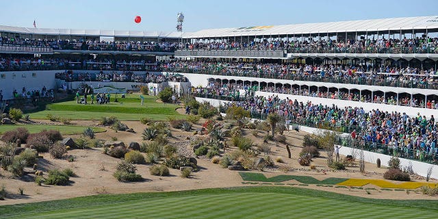 General view of the gallery on the 16th hole during the third round of the Waste Management Phoenix Open at TPC Scottsdale in Scottsdale, Arizona, on Feb. 3, 2018.