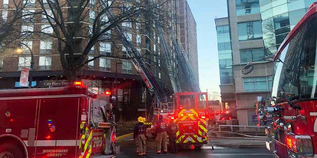 A group of firefighters respond to a fire at a high-rise apartment building on Feb. 18, 2023, in Silver Springs, Maryland. 