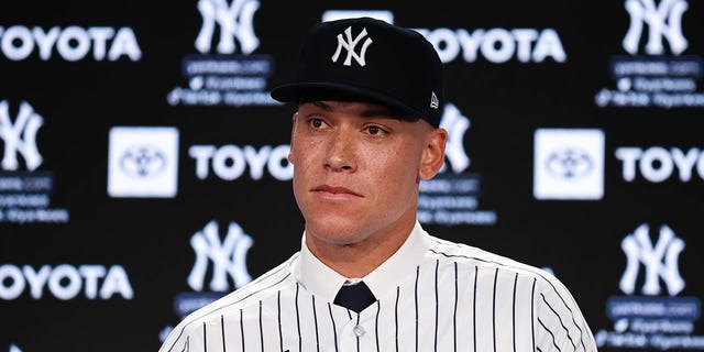 Aaron Judge of the New York Yankees speaks to the media during a press conference at Yankee Stadium on December 21, 2022 in the Bronx, New York.
