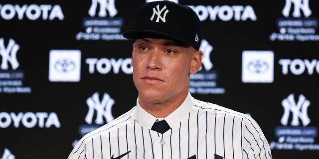 Aaron Judge of the New York Yankees speaks to the media during a press conference at Yankee Stadium on December 21, 2022 in the Bronx, New York.