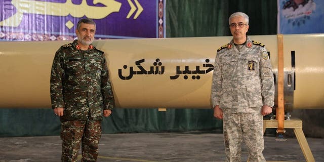 Iranian Armed Forces Chief of Staff Mohammad Bagheri and IRGC Aerospace Force Commander Amir Ali Hajizadeh during the unveiling of 