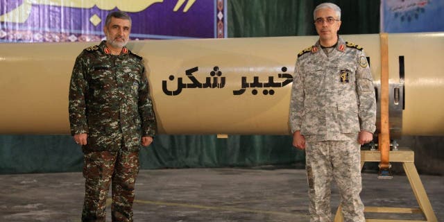 Iranian Armed Forces Chief of Staff Mohammad Bagheri and IRGC Aerospace Force Commander Amir Ali Hajizadeh during the unveiling of 