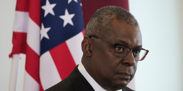 U.S. Defense Secretary Lloyd Austin attends a news conference with Latvian Defense Minister Artis Pabriks in Riga, Latvia August 10, 2022. 