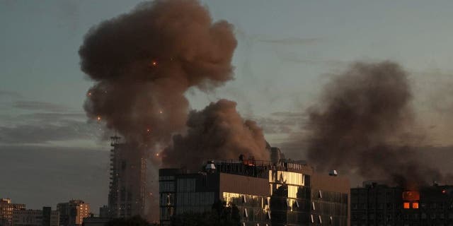 Smoke rises after a Russian drones strike, which local authorities consider to be Iranian-made unmanned aerial vehicles Shahed-136, amid Russia's attack on Ukraine in Kyiv on Oct. 17, 2022.