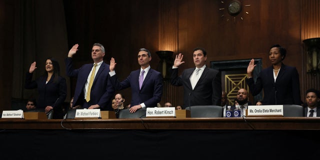 President Biden's judicial nominees are sworn in during a hearing with the U.S. Senate Judiciary Committee on Capitol Hill in Washington Jan. 25, 2023. 