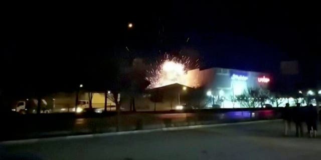 Eyewitness footage shows what is said to be the moment of an explosion at a military industry factory in Isfahan, Iran, Jan. 29, 2023, in this still image obtained from a video. 