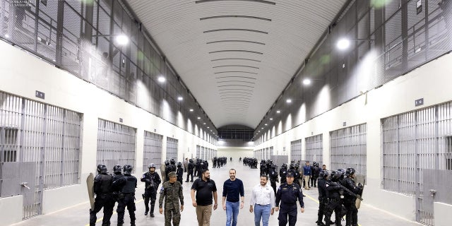 El Salvador’s President Nayib Bukele takes part in a tour of the Terrorism Confinement Center in Tecoluca on Feb. 1, 2023.