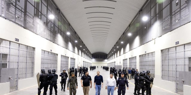 El Salvador President Nayib Bukele takes part in a tour of the Terrorism Confinement Center in Tecoluca on Wednesday.