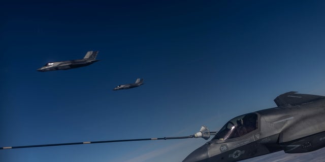 An F-35B aircraft from the U.S. Air Force refuels during the annual Red Flag military exercise between the United States, Britain and Australia, in Nevada Feb. 8, 2023.
