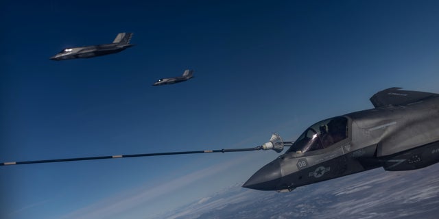 An F-35B aircraft from the U.S. Air Force refuels during the annual Red Flag military exercise between the United States, Britain and Australia, in Nevada Feb. 8, 2023.