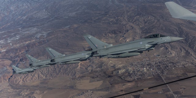 Typhoon aircrafts from the Royal Air Force fly during the annual Red Flag military exercise between the United States, Britain and Australia, in Nevada Feb. 8, 2023.