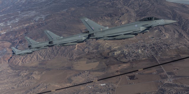 Typhoon aircrafts from the Royal Air Force fly during the annual Red Flag military exercise between the United States, Britain and Australia, in Nevada Feb. 8, 2023.