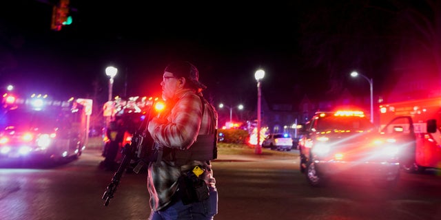 Emergency personnel respond to a shooting at Michigan State University in East Lansing, Michigan, U.S., February 13, 2023.   REUTERS/Dieu-Nalio Chery