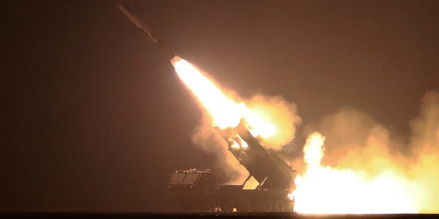 A strategic cruise missile is launched during a drill in this undated photo released on February 24, 2023, by North Korean state media.