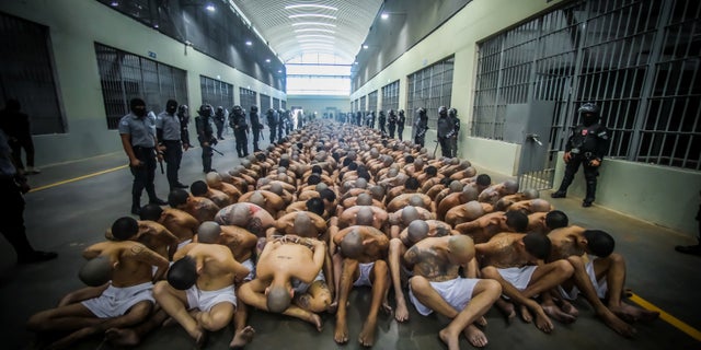 Gang members wait to be taken to their cells after being transferred to the Terrorism Confinement Center, according to El Salvador's President Nayib Bukele, in Tecoluca, El Salvador, in this handout distributed to Reuters on February 24, 2023.