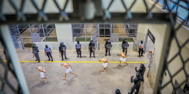 Prison agents watch prisoners as they are processed upon arrival after 2,000 gang members were transferred to a terrorist detention center, according to Salvadoran President Nayiba Bukele, in Tecoluca, El Salvador, in this fact sheet distributed by Reuters on February 24, 2023.