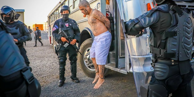 Prison agents watch gang members as they exit the bus on arrival after 2,000 gang members were transferred to a terrorist detention center, according to Salvadoran President Nayiba Bukele, in Tecoluca, El Salvador, in this fact sheet shared with Reuters 24 February.  2023 