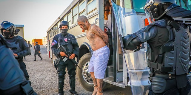 Prison agents watch gang members as they exit the bus on arrival after 2,000 gang members were transferred to a terrorist detention center, according to Salvadoran President Nayiba Bukele, in Tecoluca, El Salvador, in this fact sheet shared with Reuters 24 February.  2023 