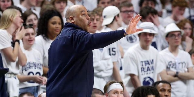 Penn State Nittany Lions head coach Micah Shrewsberry gestures from the bench during the second half against the Rutgers Scarlet Knights at the Bryce Jordan Center.  Rutgers defeated Penn State 59-56. 