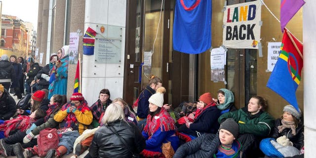 Greta Thunberg attends a demonstration against the Fosen wind turbines not being demolished, which was built on land traditionally used by indigenous Sami reindeer herders, with environmental and Sami rights activists blocking the entrances to the Ministry of Oil and Energy, in Oslo, Norway, Feb. 27, 2023.