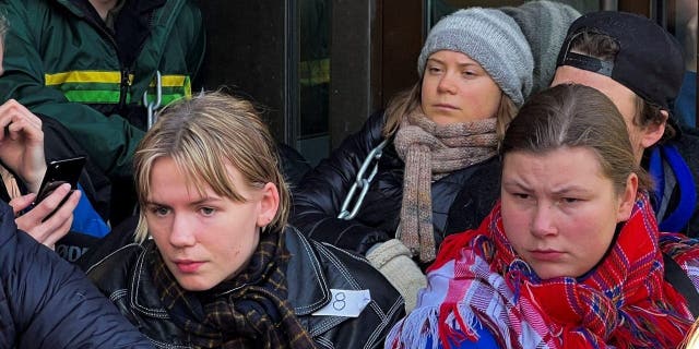 Greta Thunberg attends a demonstration against the Fosen wind turbines not being demolished, which was built on land traditionally used by indigenous Sami reindeer herders, with environmental and Sami rights activists blocking the entrances to the Ministry of Oil and Energy, in Oslo, Norway, Feb. 27, 2023.