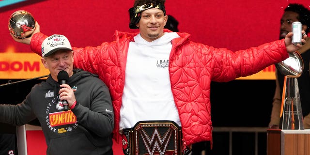 Patrick Mahomes, #15 of the Kansas City Chiefs, celebrates onstage during the Kansas City Chiefs' Super Bowl LVII Victory Parade on February 15, 2023 in Kansas City, Missouri.