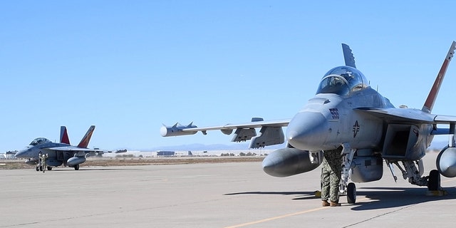 Two EA-18G Growlers arrive at Luke Air Force Base, Arizona, Feb. 7, 2023, in preparation for their flyover of Super Bowl LVII at State Farm Stadium in Glendale on Feb. 12.