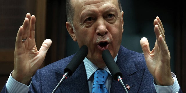 President Recep Tayyip Erdogan speaks at the Turkish Grand National Assembly in Ankara on Jan. 18, 2023.