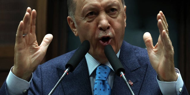 President Recep Tayyip Erdogan speaks at the Turkish Grand National Assembly in Ankara on Jan. 18, 2023.