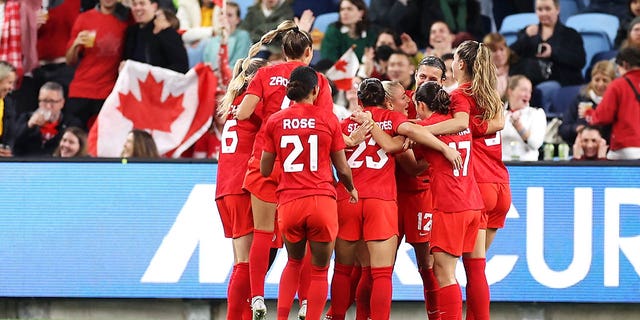 Canada celebrates a goal scored by Adriana Leon of Canada during the International Friendly soccer match between Australia Matildas and Canada at Allianz Stadium on September 6, 2022 in Sydney, Australia.