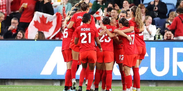 Canada celebrate a goal scored by Adriana Leon of Canada during the International Friendly Match between the Australia Matildas and Canada at Allianz Stadium on September 6, 2022 in Sydney, Australia.