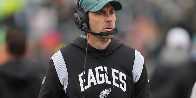 Philadelphia Eagles offensive coordinator Shane Steichen looks on during the NFC Championship game between the San Francisco 49ers and the Philadelphia Eagles on January 29, 2023.