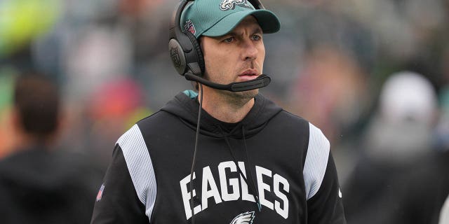 Philadelphia Eagles offensive coordinator Shane Steichen looks on during the NFC Championship game between the San Francisco 49ers and the Philadelphia Eagles on January 29, 2023.