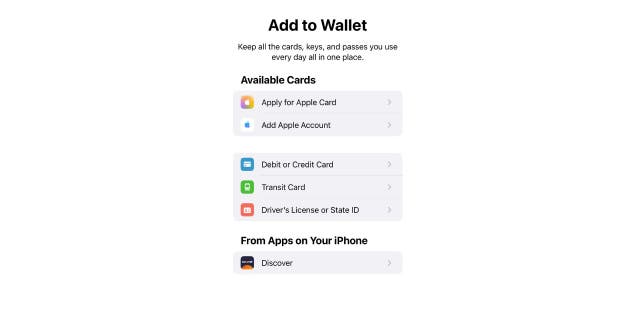 Tap here to add cards, keys and more to your Apple Wallet.