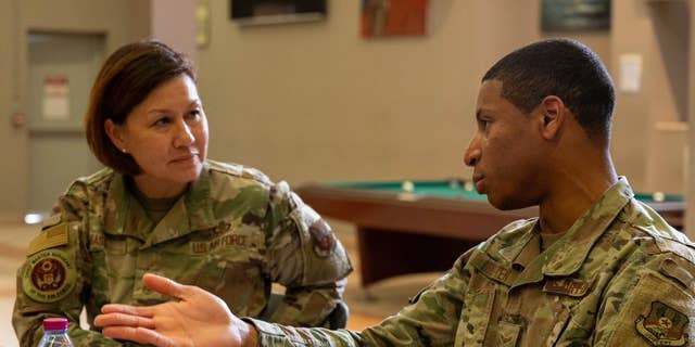 Air Force Chief Master Sergeant Joanne Bass met with members of the military during a CENTCOM AOR tour in January 2022, completing a four-day airman meeting tour. 
