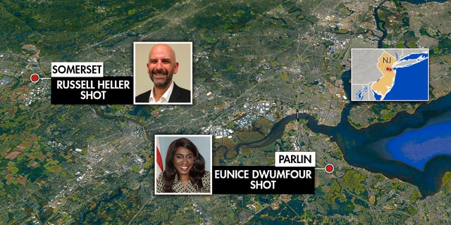 This graphic shows the distance between the killings of local council members Russell Heller and Eunice Dwumfour in New Jersey.