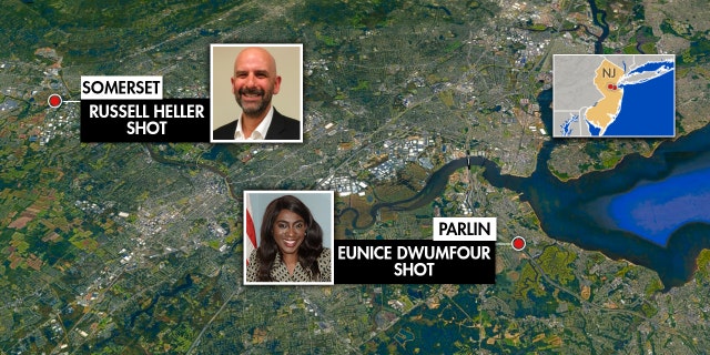 This graphic shows the distance between the killings of local council members Russell Heller and Eunice Dwumfour in New Jersey.
