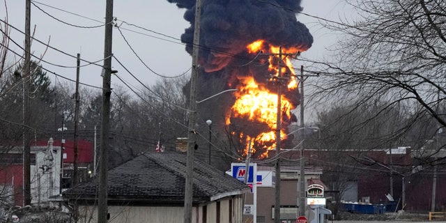 A black plume and fireball rise over East Palestine, Ohio, as a result of a controlled detonation of a portion of the derailed Norfolk and Southern trains Monday, Feb. 6, 2023. 