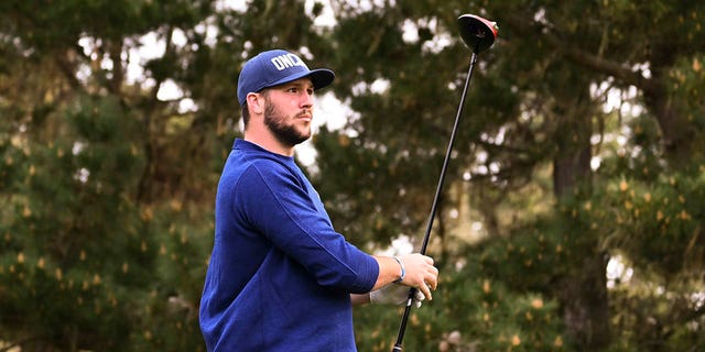 Josh Allen watches his tee shot on the eighth hole during the first round of the AT&T Pebble Beach Pro-Am at Spyglass Hill Golf Course on February 2, 2023 in Pebble Beach, California.