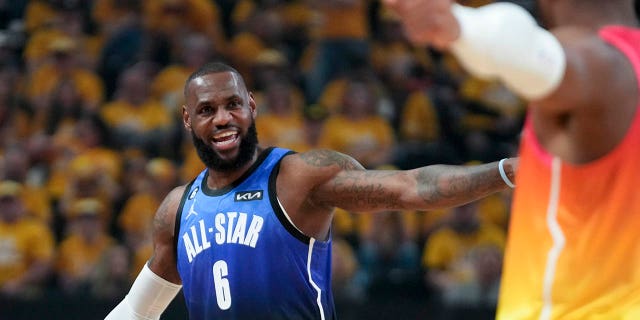 Team LeBron forward LeBron James, #6, reacts during the first half of the NBA basketball All-Star game on Sunday, February 19, 2023, in Salt Lake City. 